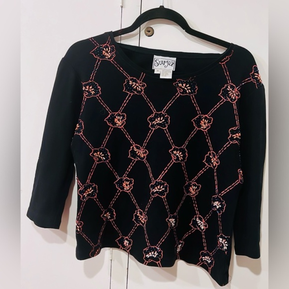 Surya Vintage Beaded Knit Top Black Pink Floral Embellished Sweater Size M